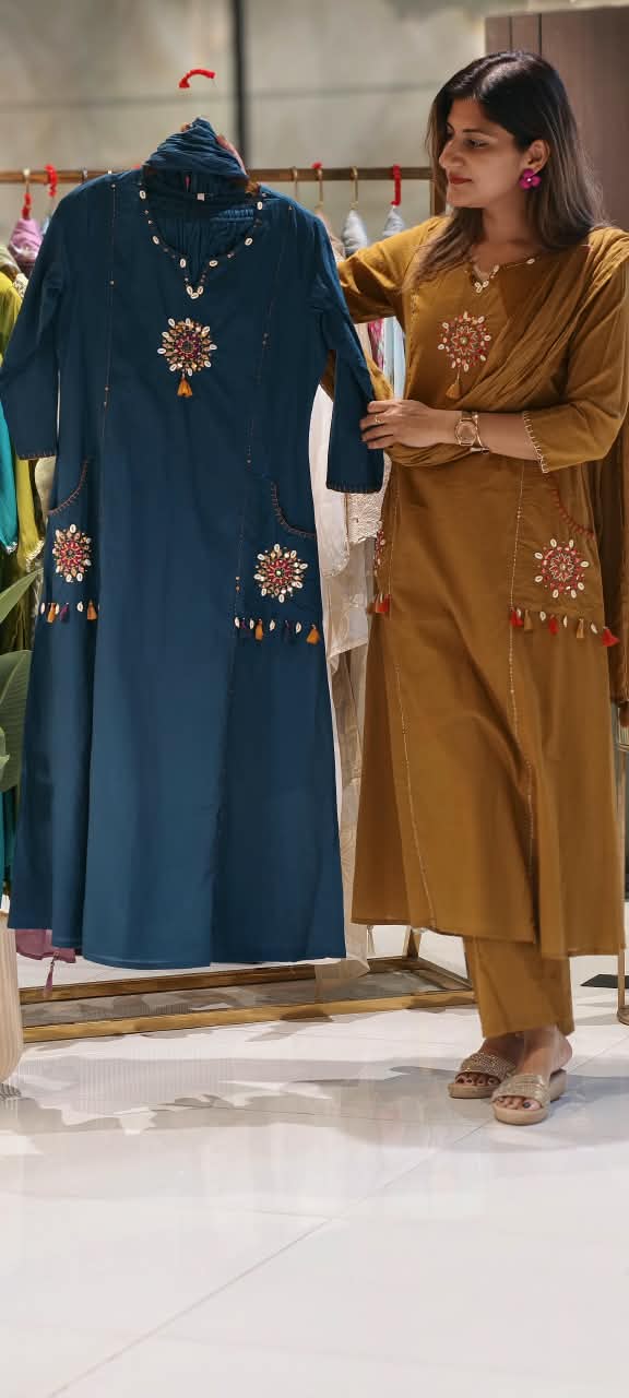 Kodi Shell Accent Pocket Style A-Line Full Suit Set With Dupatta In Cotton Fabric- 15777