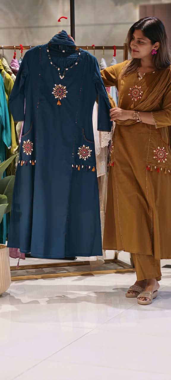 Kodi Shell Accent Pocket Style A-Line Full Suit Set With Dupatta In Cotton Fabric- 15777