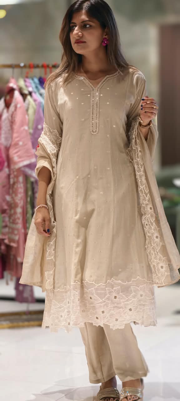 Elegant Golden Foil Neckline Floral Cut-Works Panel A-Line Full Suit Set With Dupatta- 15965