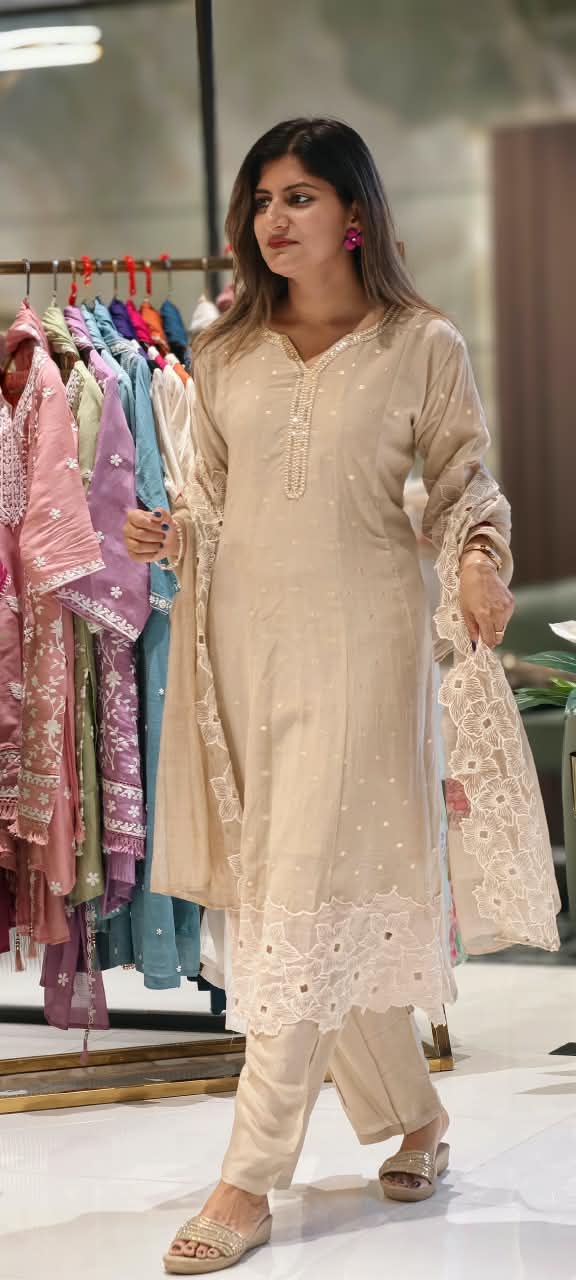Elegant Golden Foil Neckline Floral Cut-Works Panel A-Line Full Suit Set With Dupatta- 15965