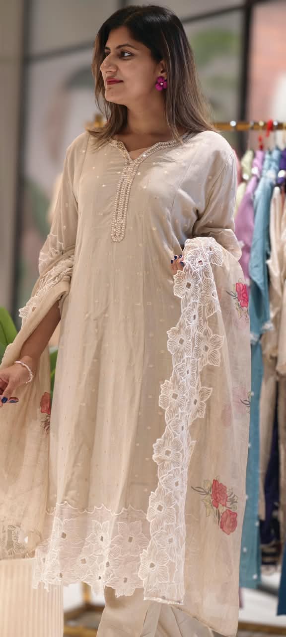 Elegant Golden Foil Neckline Floral Cut-Works Panel A-Line Full Suit Set With Dupatta- 15965