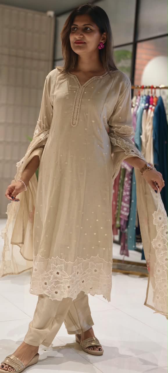 Elegant Golden Foil Neckline Floral Cut-Works Panel A-Line Full Suit Set With Dupatta- 15965