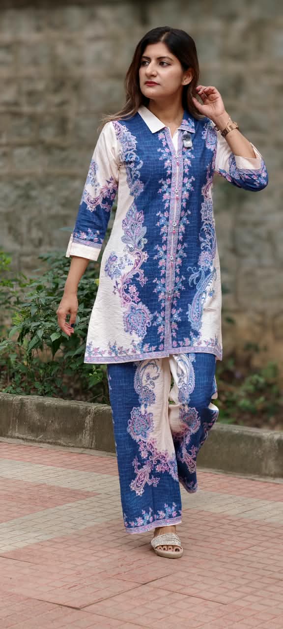 Blue Elegance With Pink Contrasted Digital Floral Prints Viscose Rayon Co-Ord Set- 16002 (Lean Fit)