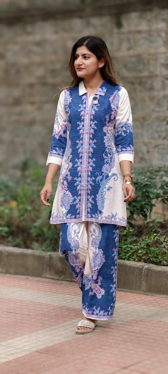Blue Elegance With Pink Contrasted Digital Floral Prints Viscose Rayon Co-Ord Set- 16002 (Lean Fit)