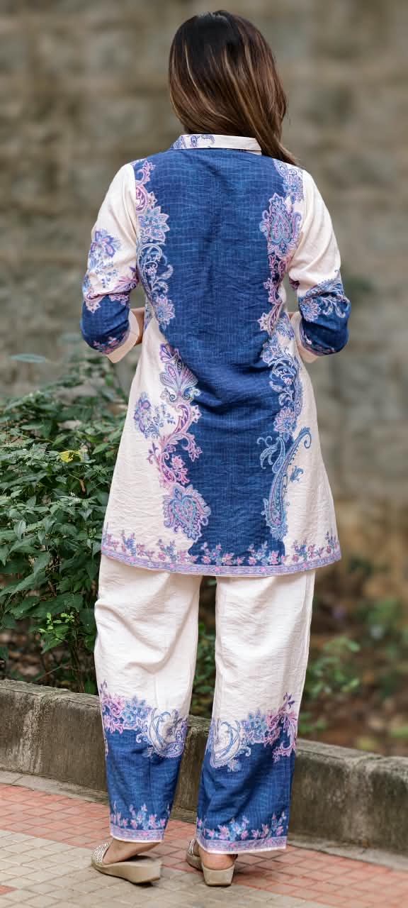 Blue Elegance With Pink Contrasted Digital Floral Prints Viscose Rayon Co-Ord Set- 16002 (Lean Fit)