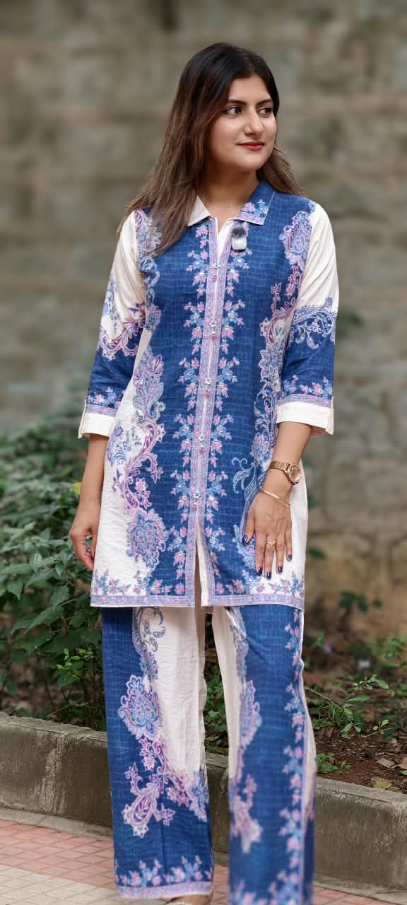 Blue Elegance With Pink Contrasted Digital Floral Prints Viscose Rayon Co-Ord Set- 16002 (Lean Fit)