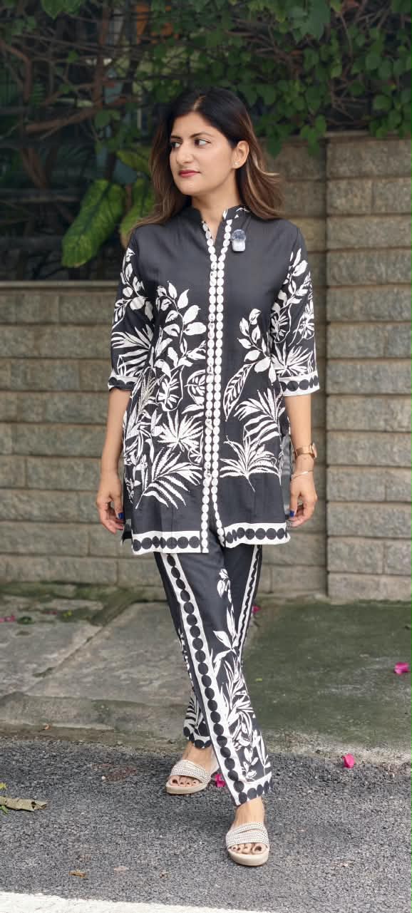 Mid-Night Glam Black & White Contrasted Viscose Co-Ord Set- 15928 (Lean Fit)