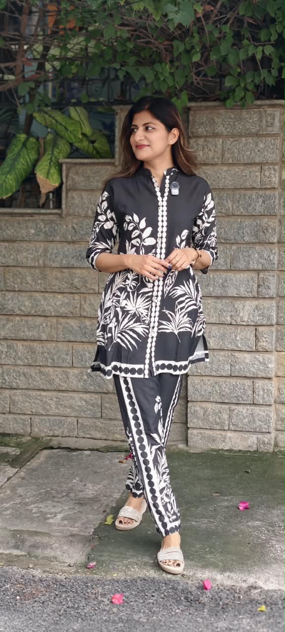 Mid-Night Glam Black & White Contrasted Viscose Co-Ord Set- 15928 (Lean Fit)