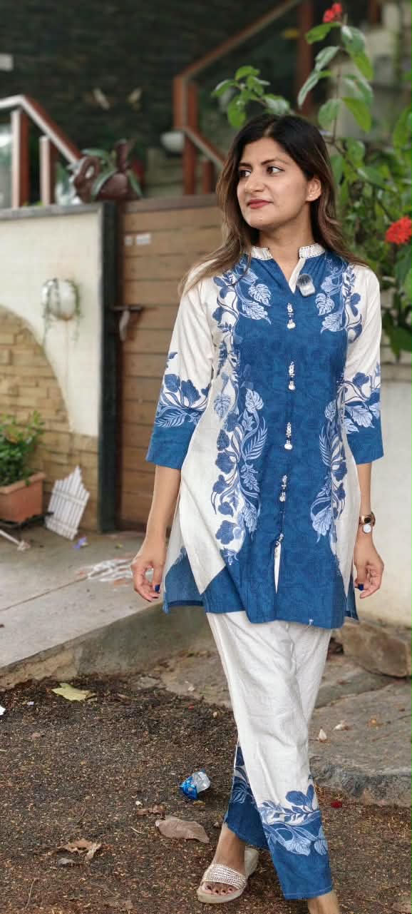 Vibrant Blue With Graceful White Digital Prints Viscose Co-Ord Set- 16001 (Lean Fit)