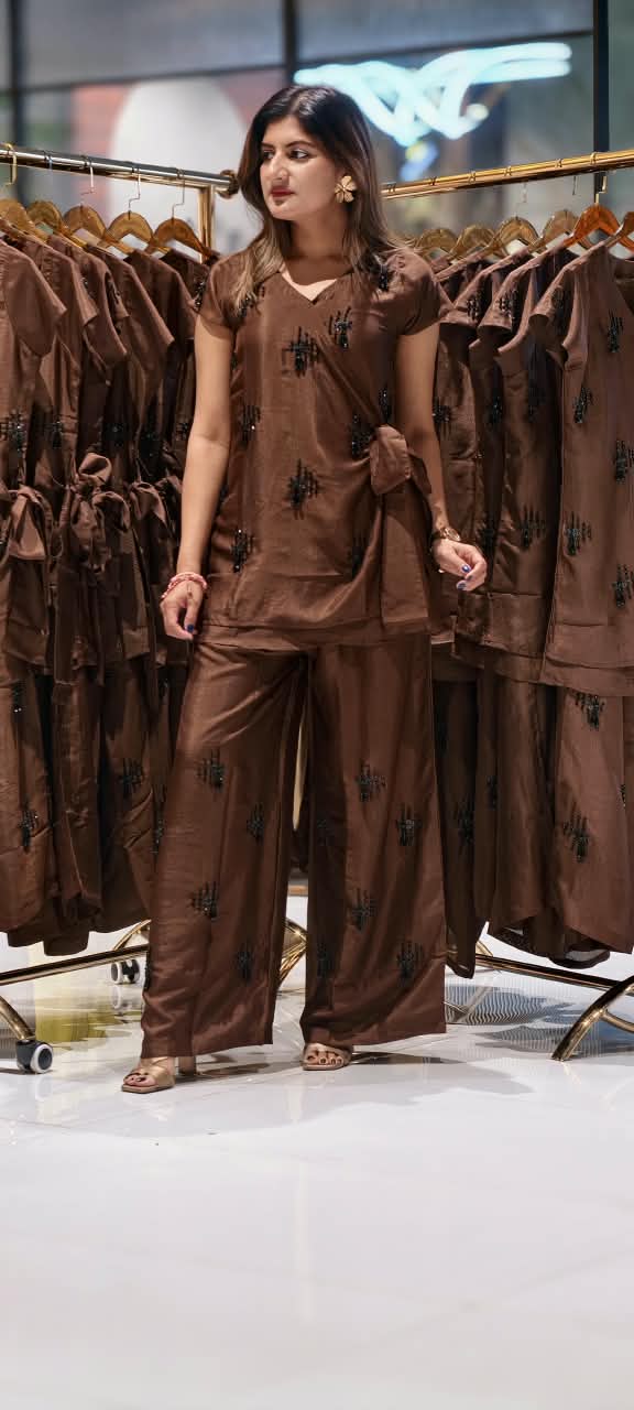 Chocolate Brown Embellished Wrap Tie Top and Wide-Leg Pants Co-Ord In Shimmer Tissue Fabric- 16063