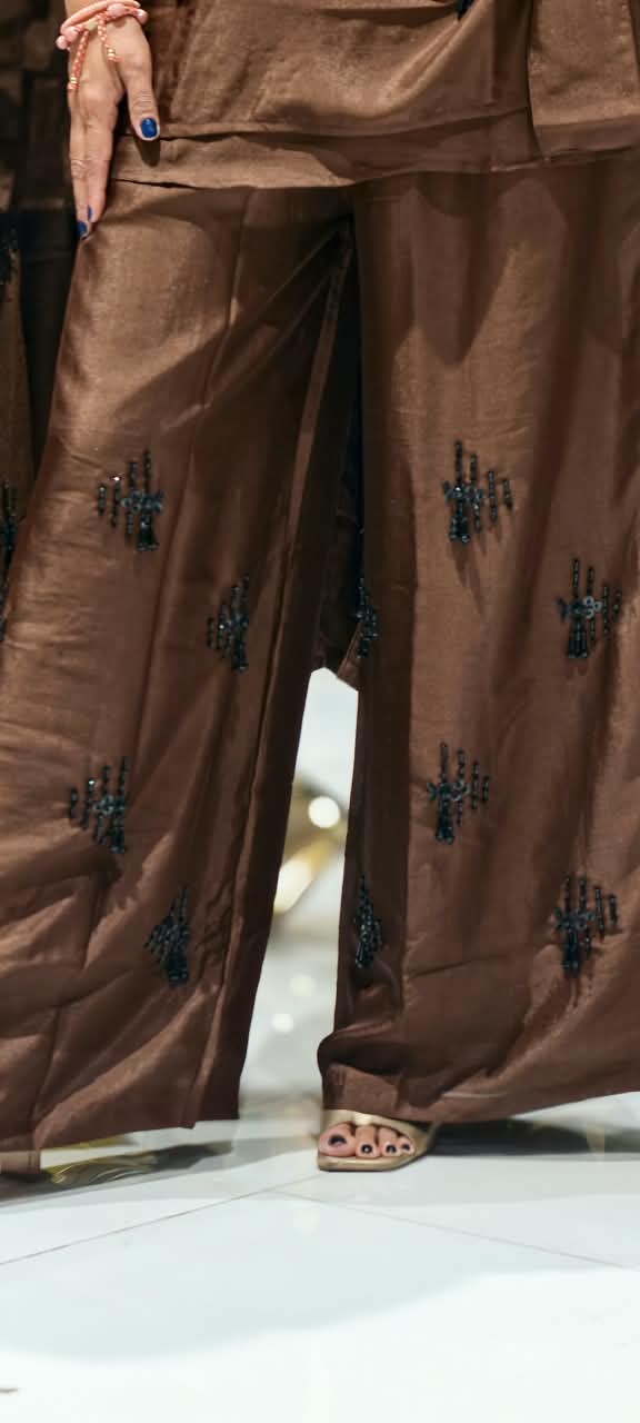 Chocolate Brown Embellished Wrap Tie Top and Wide-Leg Pants Co-Ord In Shimmer Tissue Fabric- 16063
