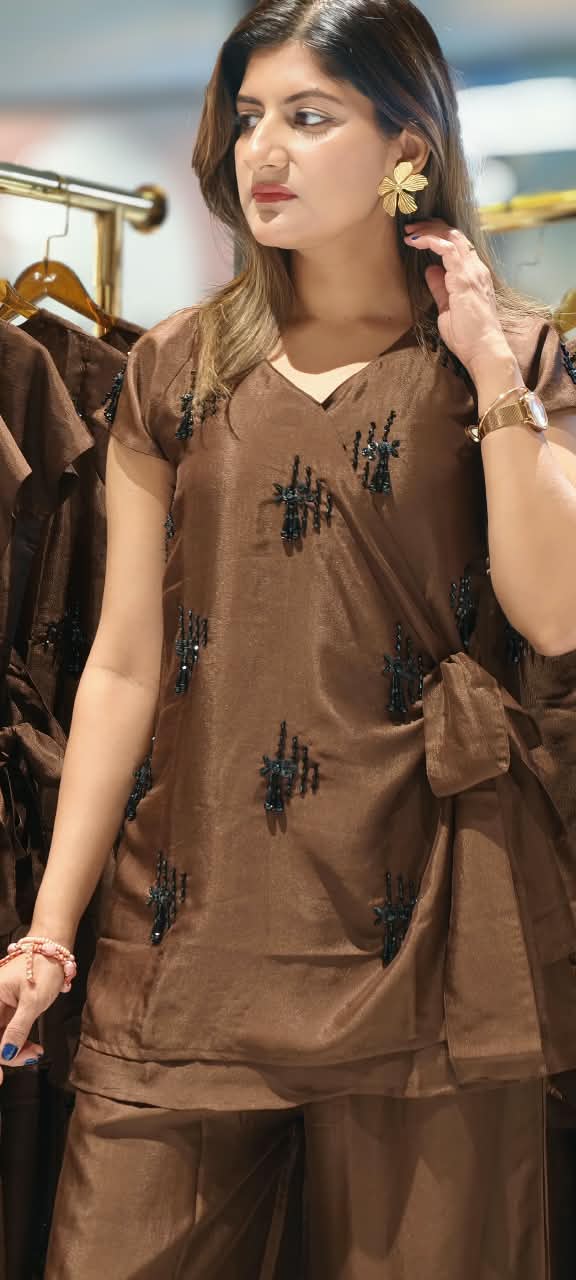 Chocolate Brown Embellished Wrap Tie Top and Wide-Leg Pants Co-Ord In Shimmer Tissue Fabric- 16063