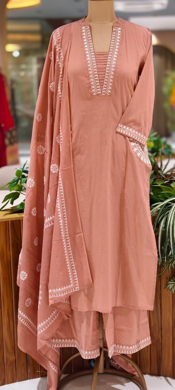 Pure Cotton Traditional Embroidered Straight Full Suit Set with Matching Dupatta-15876