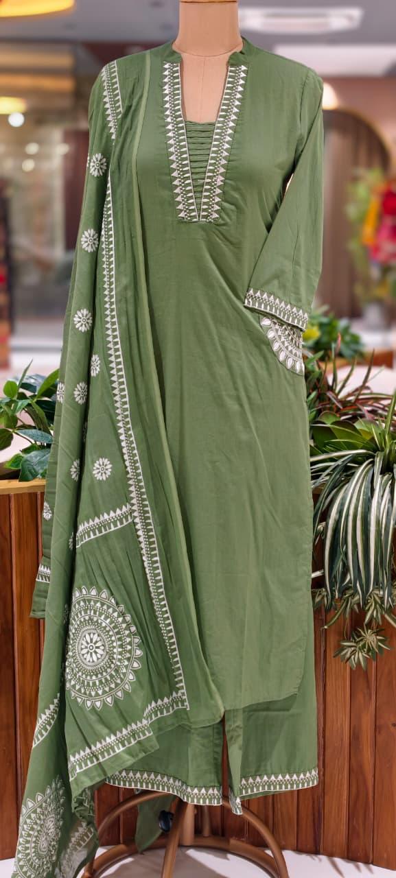 Pure Cotton Traditional Embroidered Straight Full Suit Set with Matching Dupatta-15876