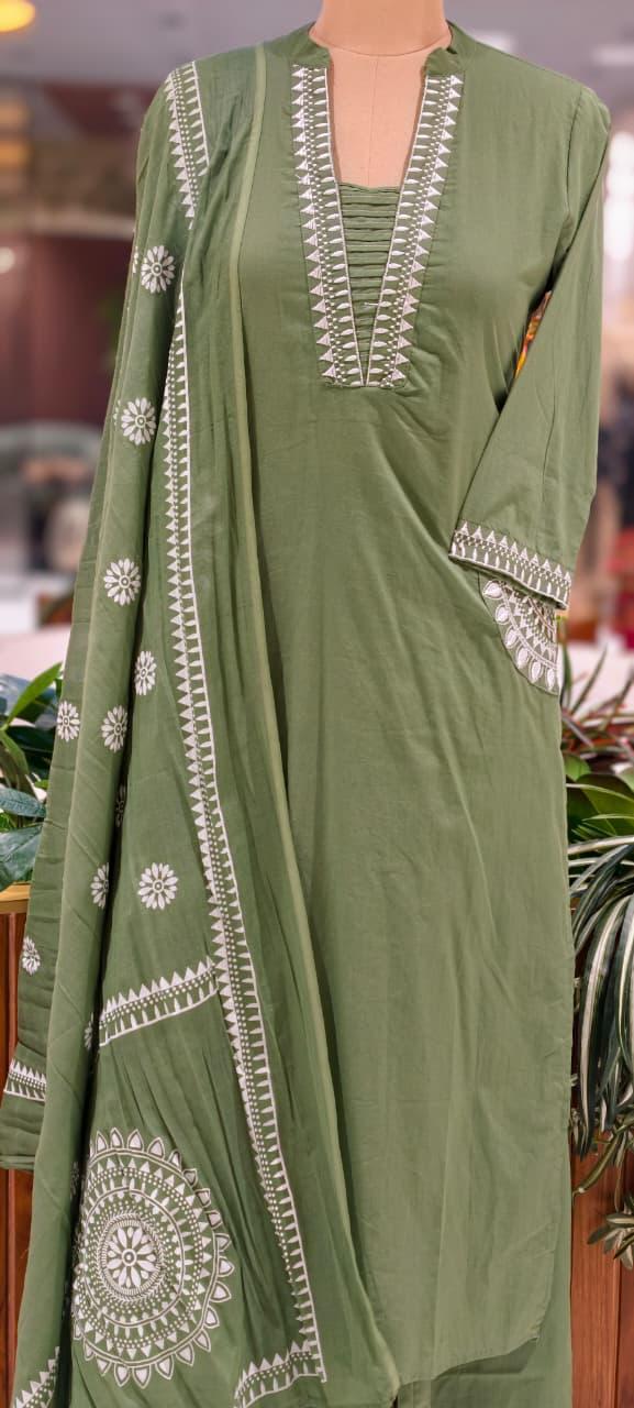 Pure Cotton Traditional Embroidered Straight Full Suit Set with Matching Dupatta-15876
