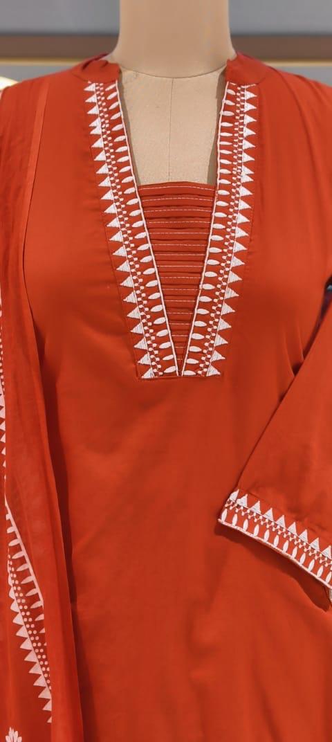Pure Cotton Traditional Embroidered Straight Full Suit Set with Matching Dupatta-15876