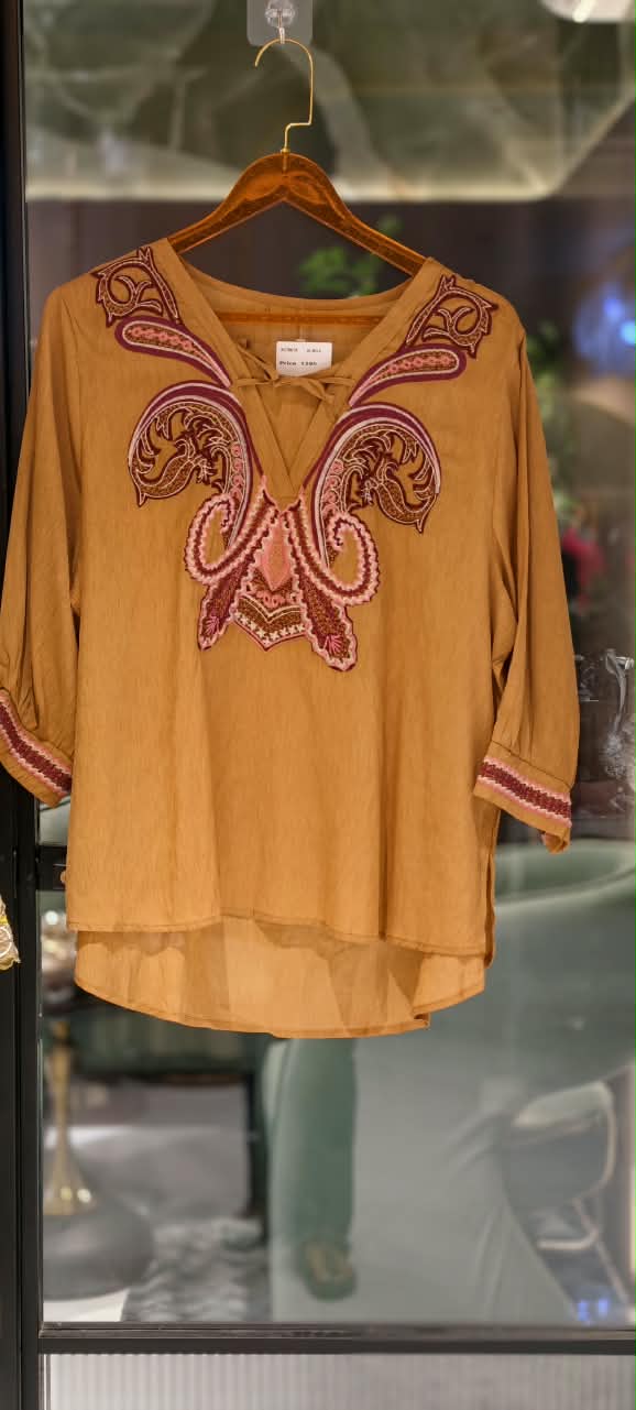 Heritage Paisley Embroidery Cotton Tie-Up Shirt-15441
