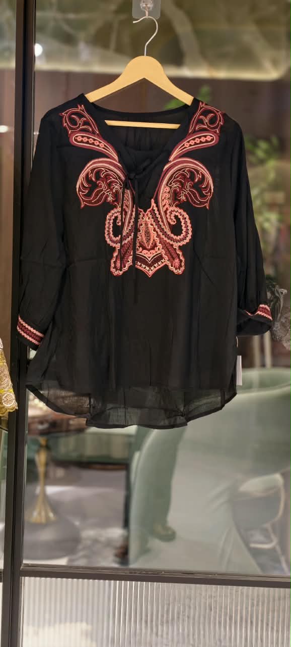 Heritage Paisley Embroidery Cotton Tie-Up Shirt-15441