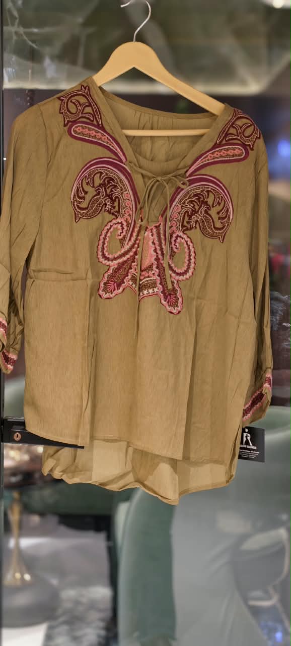 Heritage Paisley Embroidery Cotton Tie-Up Shirt-15441