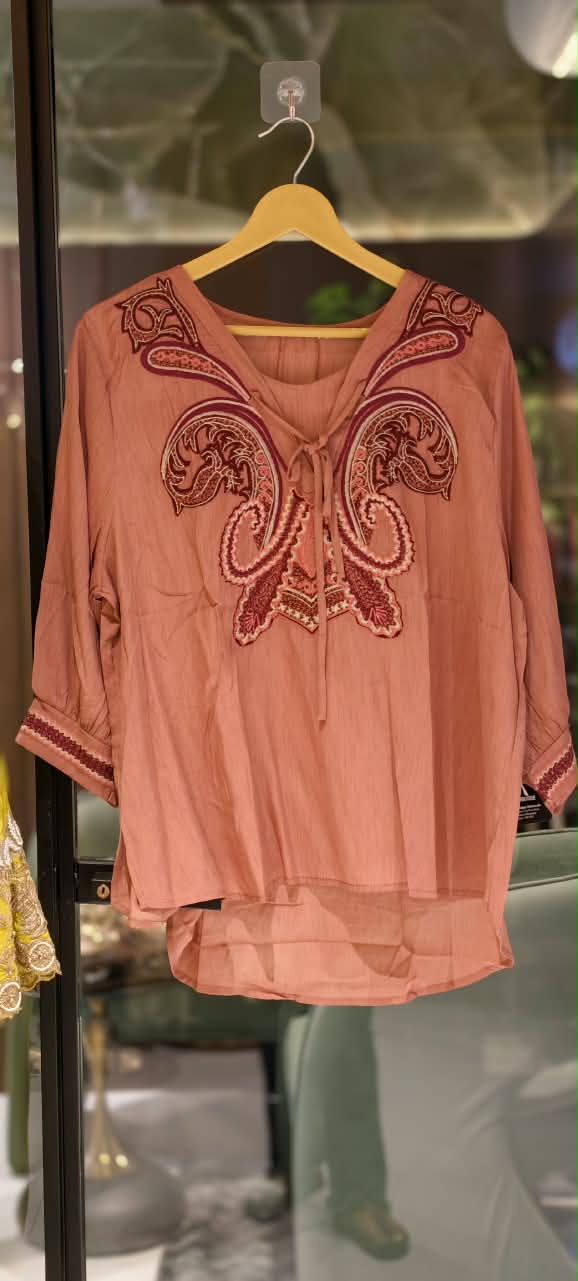 Heritage Paisley Embroidery Cotton Tie-Up Shirt-15441