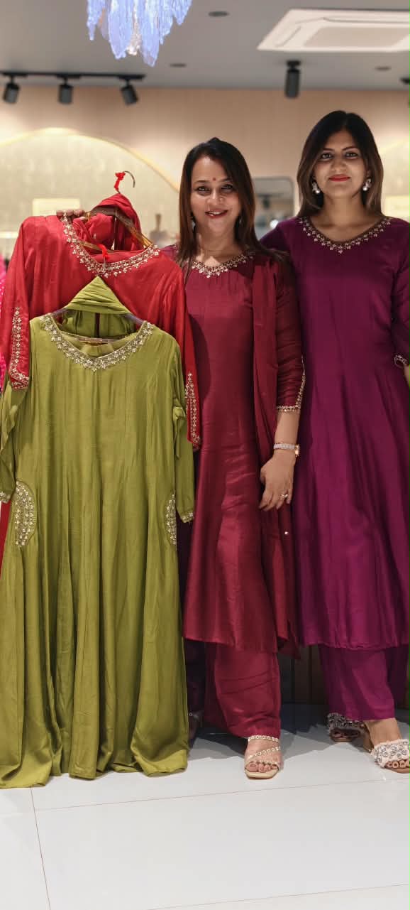 Solid Grace Smart Minimal Embroidery Over Neckline & Pockets Russian Silk A-Line Full Suit Set With Dupatta- 15233