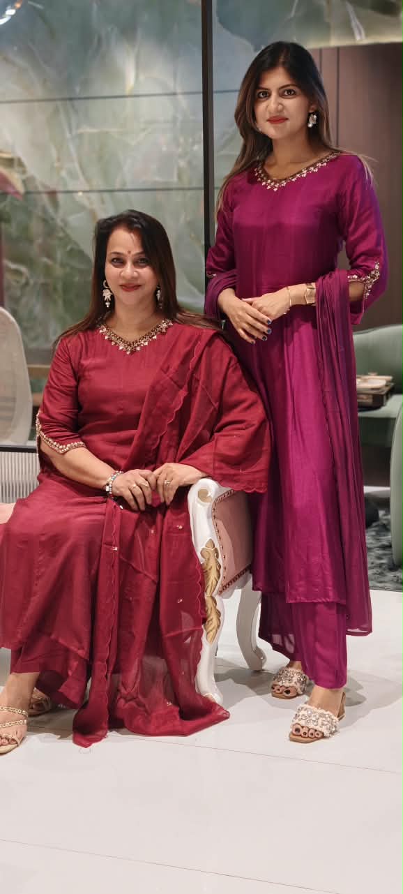 Solid Grace Smart Minimal Embroidery Over Neckline & Pockets Russian Silk A-Line Full Suit Set With Dupatta- 15233
