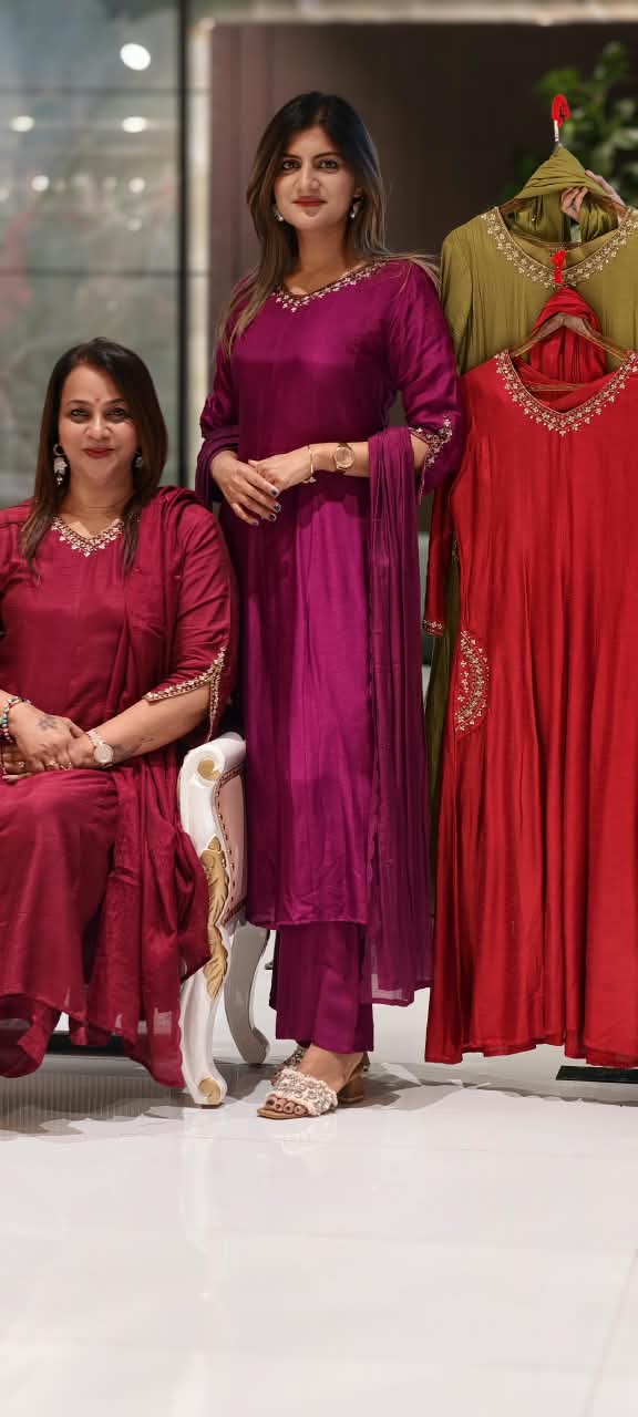 Solid Grace Smart Minimal Embroidery Over Neckline & Pockets Russian Silk A-Line Full Suit Set With Dupatta- 15233