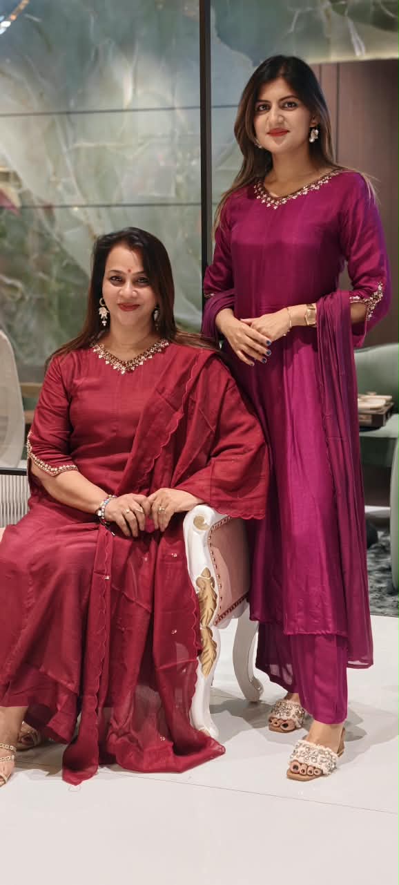 Solid Grace Smart Minimal Embroidery Over Neckline & Pockets Russian Silk A-Line Full Suit Set With Dupatta- 15233