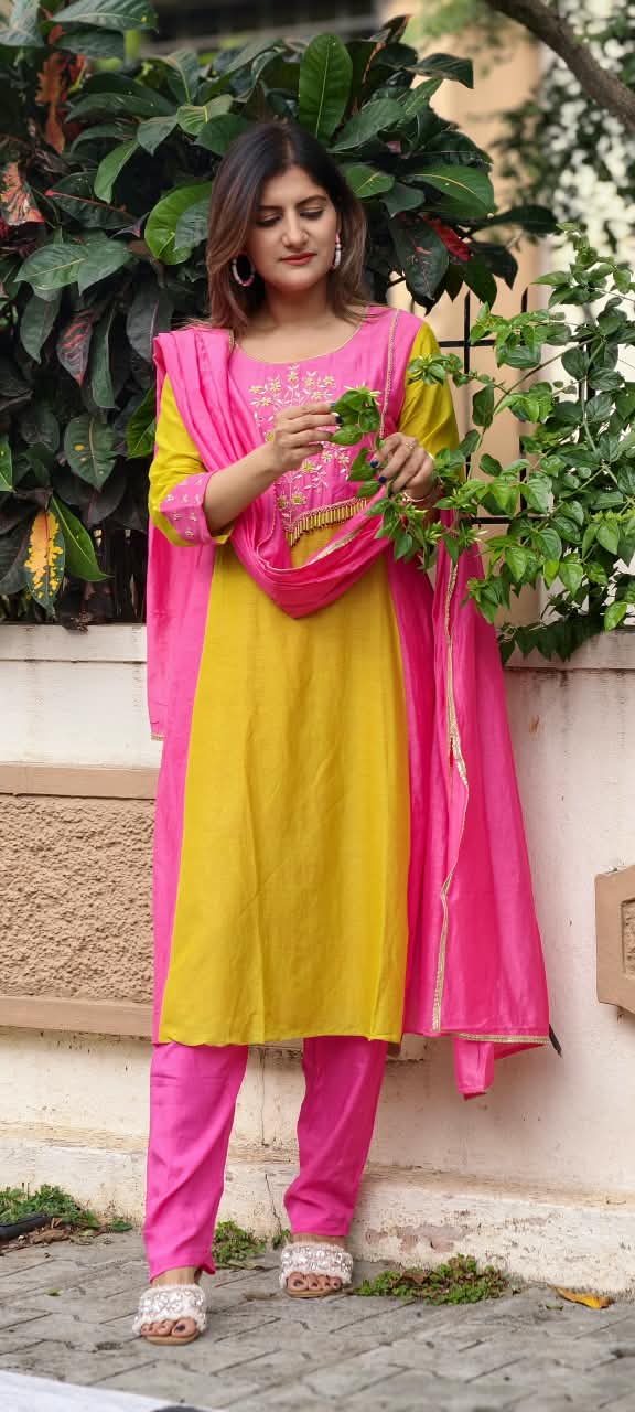Vibrant Dual Tone Minimal Yoke Embroidered Panel A-Line Full Suit Set With Dupatta In Mul-Chanderi Fabric- 16083