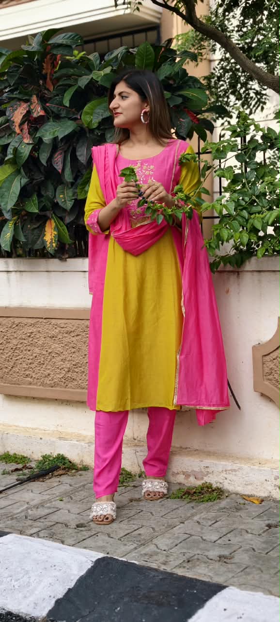 Vibrant Dual Tone Minimal Yoke Embroidered Panel A-Line Full Suit Set With Dupatta In Mul-Chanderi Fabric- 16083