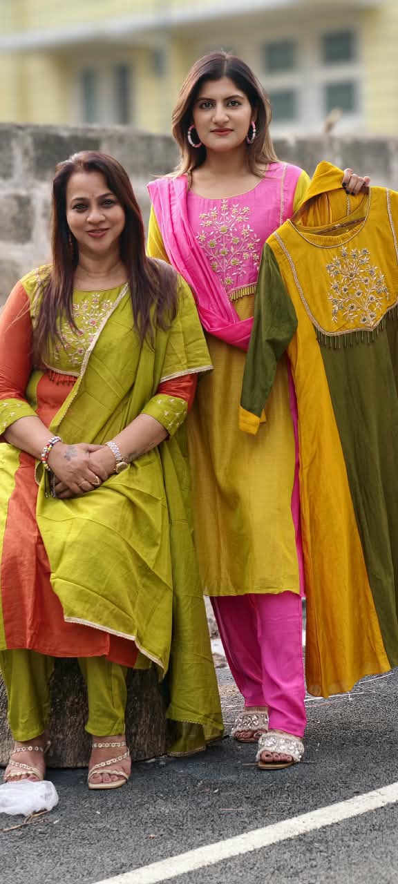 Vibrant Dual Tone Minimal Yoke Embroidered Panel A-Line Full Suit Set With Dupatta In Mul-Chanderi Fabric- 16083