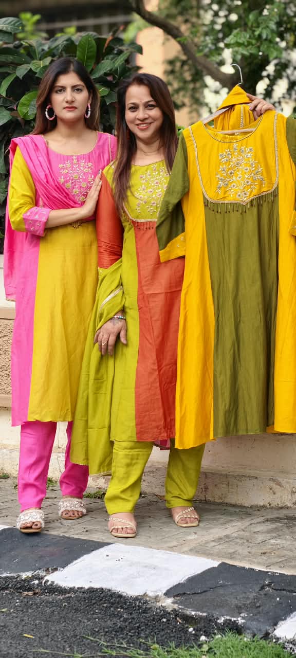 Vibrant Dual Tone Minimal Yoke Embroidered Panel A-Line Full Suit Set With Dupatta In Mul-Chanderi Fabric- 16083
