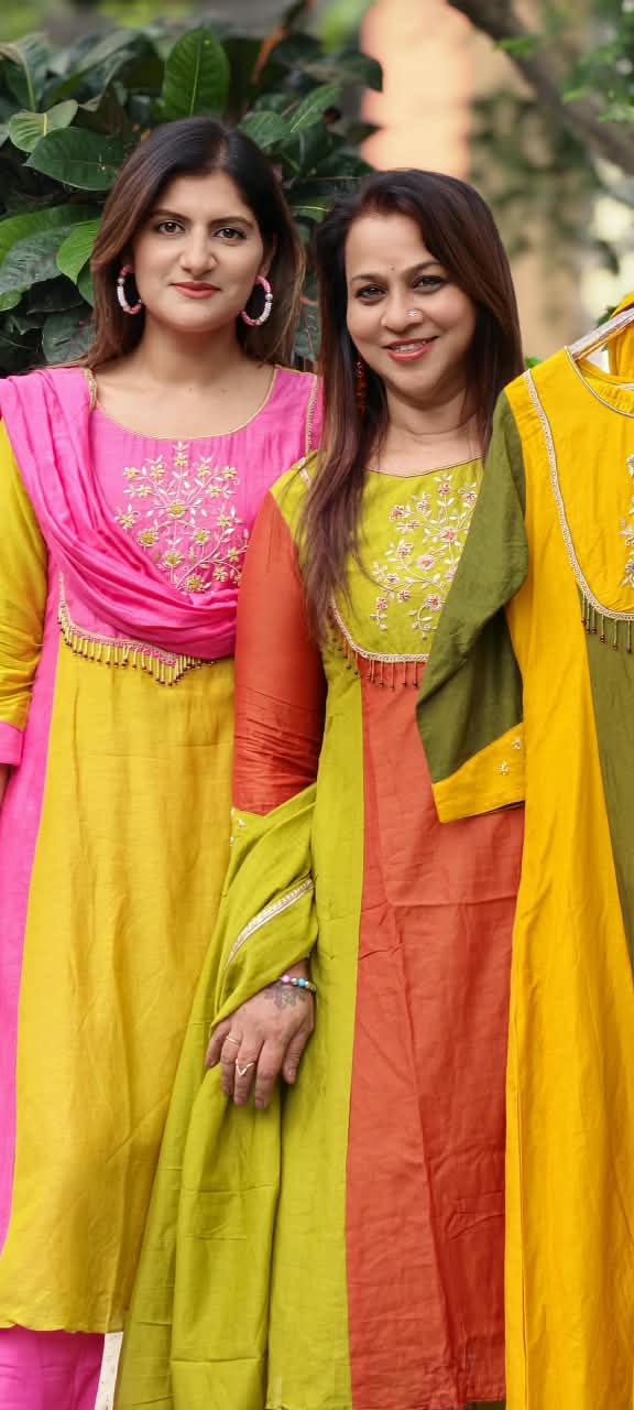 Vibrant Dual Tone Minimal Yoke Embroidered Panel A-Line Full Suit Set With Dupatta In Mul-Chanderi Fabric- 16083