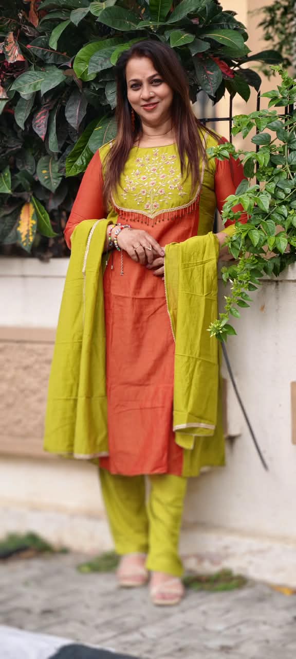 Vibrant Dual Tone Minimal Yoke Embroidered Panel A-Line Full Suit Set With Dupatta In Mul-Chanderi Fabric- 16083