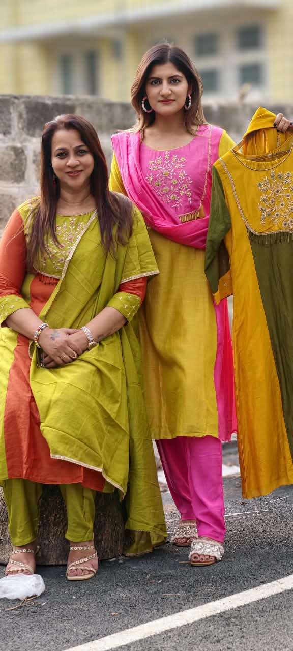 Vibrant Dual Tone Minimal Yoke Embroidered Panel A-Line Full Suit Set With Dupatta In Mul-Chanderi Fabric- 16083