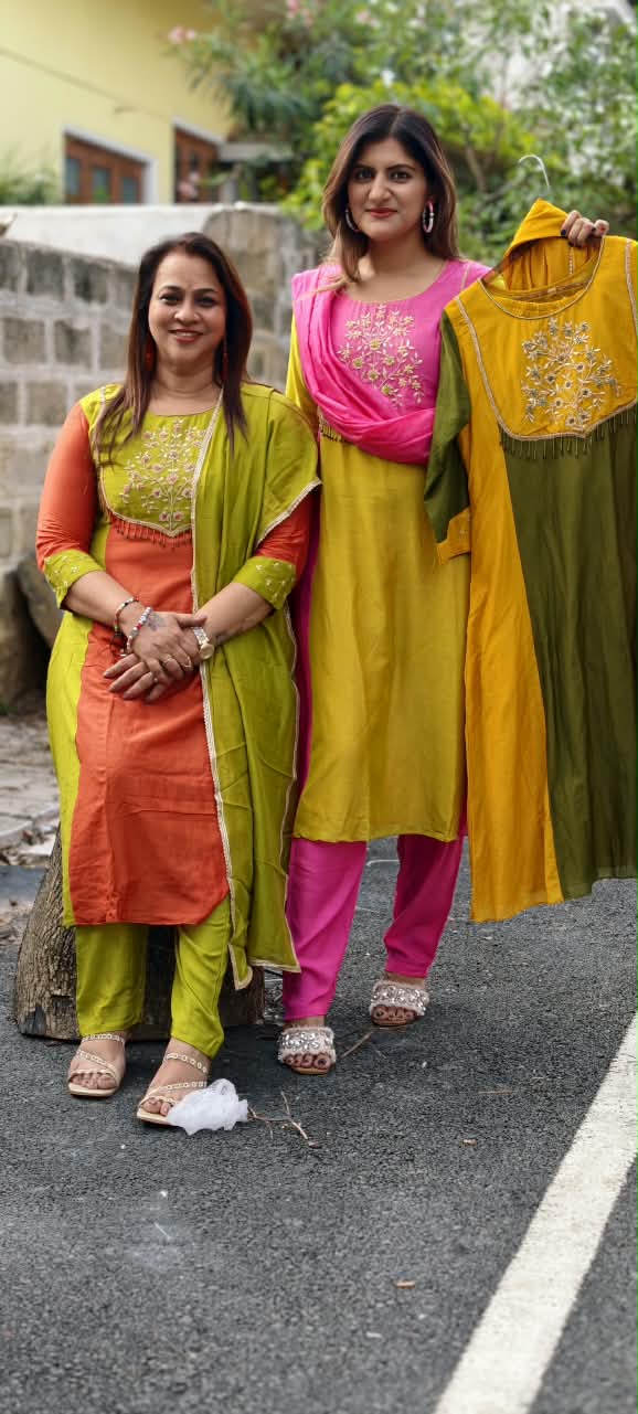 Vibrant Dual Tone Minimal Yoke Embroidered Panel A-Line Full Suit Set With Dupatta In Mul-Chanderi Fabric- 16083