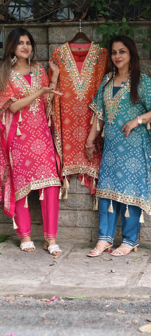 Tassel Detailing Bandhani Printed Kaftan Kurta Set With Straight Bottom and Gota Patti & Mirror Work- 16079