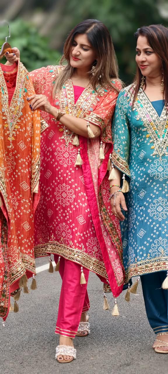 Tassel Detailing Bandhani Printed Kaftan Kurta Set With Straight Bottom and Gota Patti & Mirror Work- 16079
