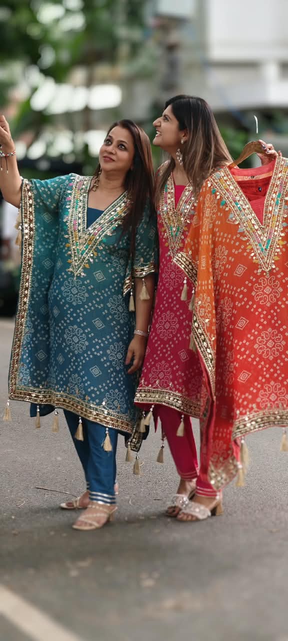 Tassel Detailing Bandhani Printed Kaftan Kurta Set With Straight Bottom and Gota Patti & Mirror Work- 16079