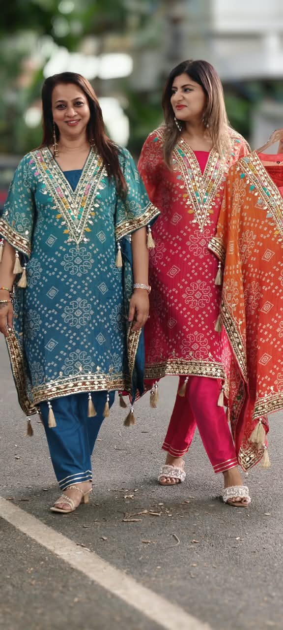Tassel Detailing Bandhani Printed Kaftan Kurta Set With Straight Bottom and Gota Patti & Mirror Work- 16079