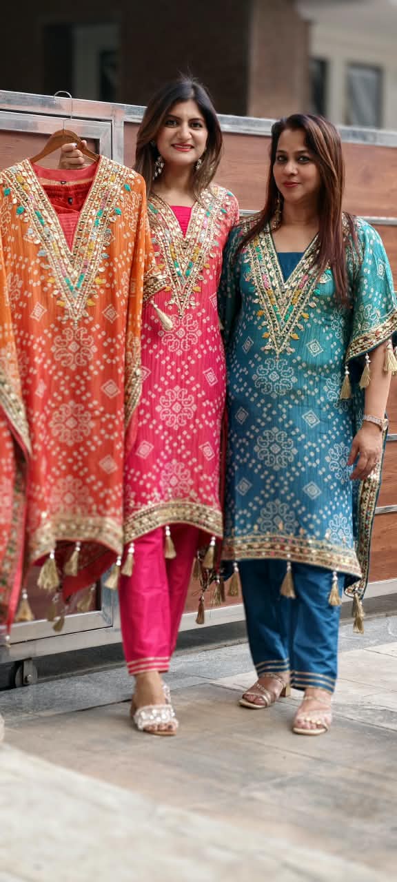 Tassel Detailing Bandhani Printed Kaftan Kurta Set With Straight Bottom and Gota Patti & Mirror Work- 16079