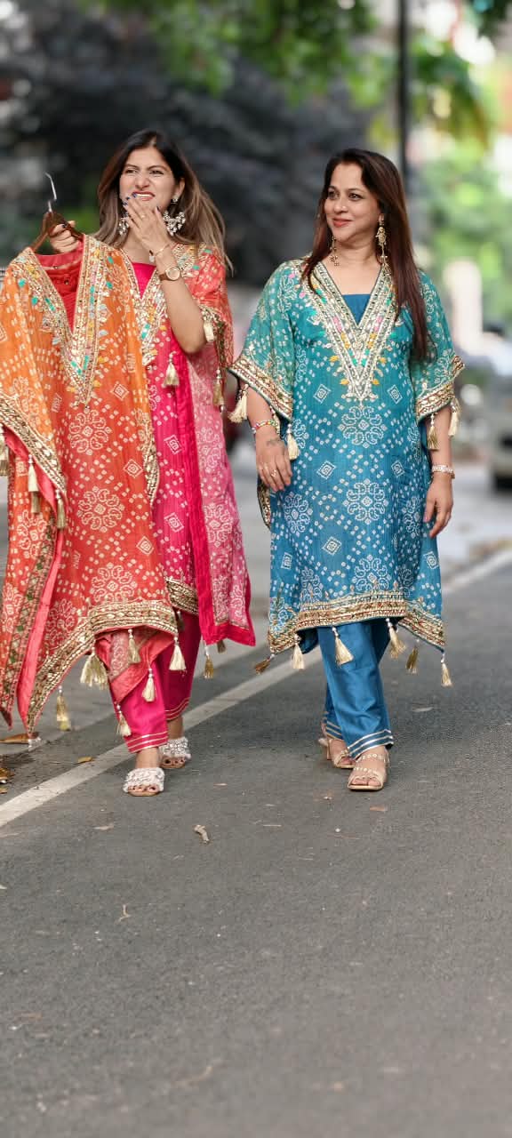 Tassel Detailing Bandhani Printed Kaftan Kurta Set With Straight Bottom and Gota Patti & Mirror Work- 16079