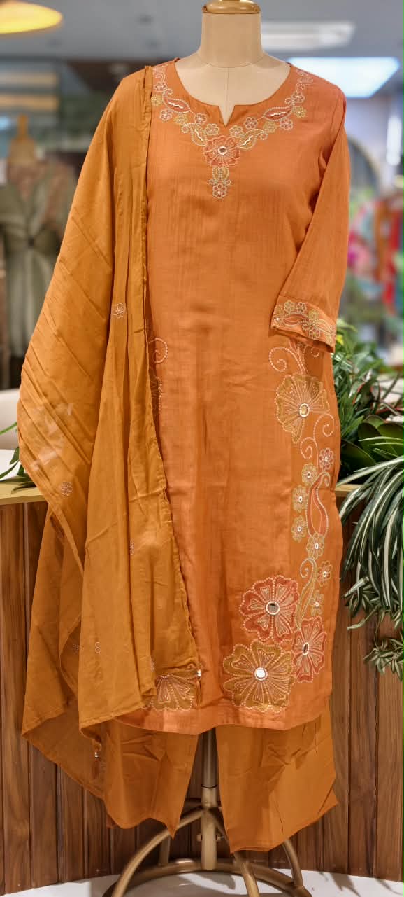 Intricate Embroidered Elegance Surat Mul-Chanderi Straight Full Suit Set With Dupatta- 16085