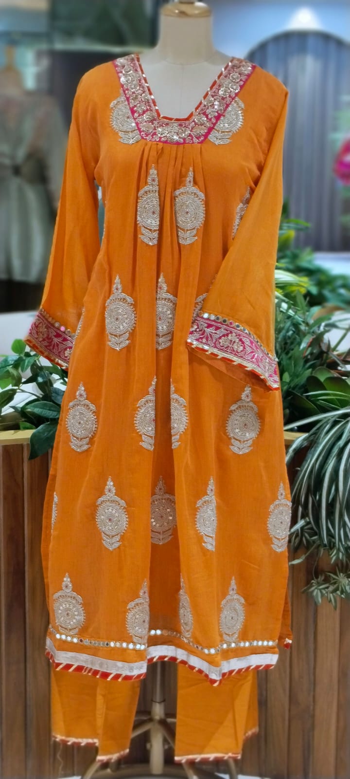 Heavy Zardosi Embroidered Real Mirror Work Over Daman & Sleeve A-Line Full Suit Set With Dupatta- 16072