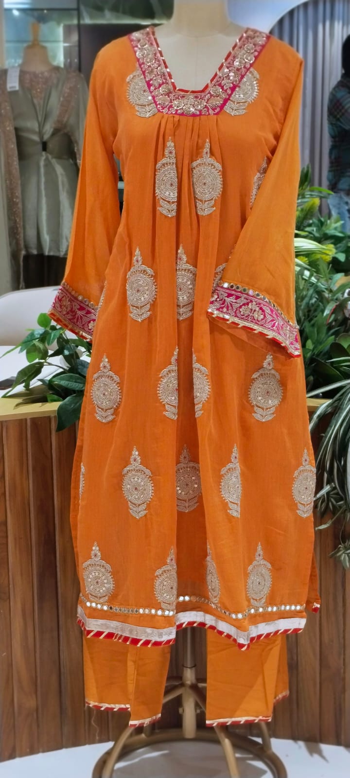 Heavy Zardosi Embroidered Real Mirror Work Over Daman & Sleeve A-Line Full Suit Set With Dupatta- 16072