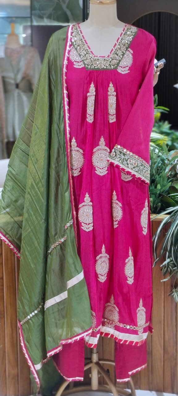 Heavy Zardosi Embroidered Real Mirror Work Over Daman & Sleeve A-Line Full Suit Set With Dupatta- 16072