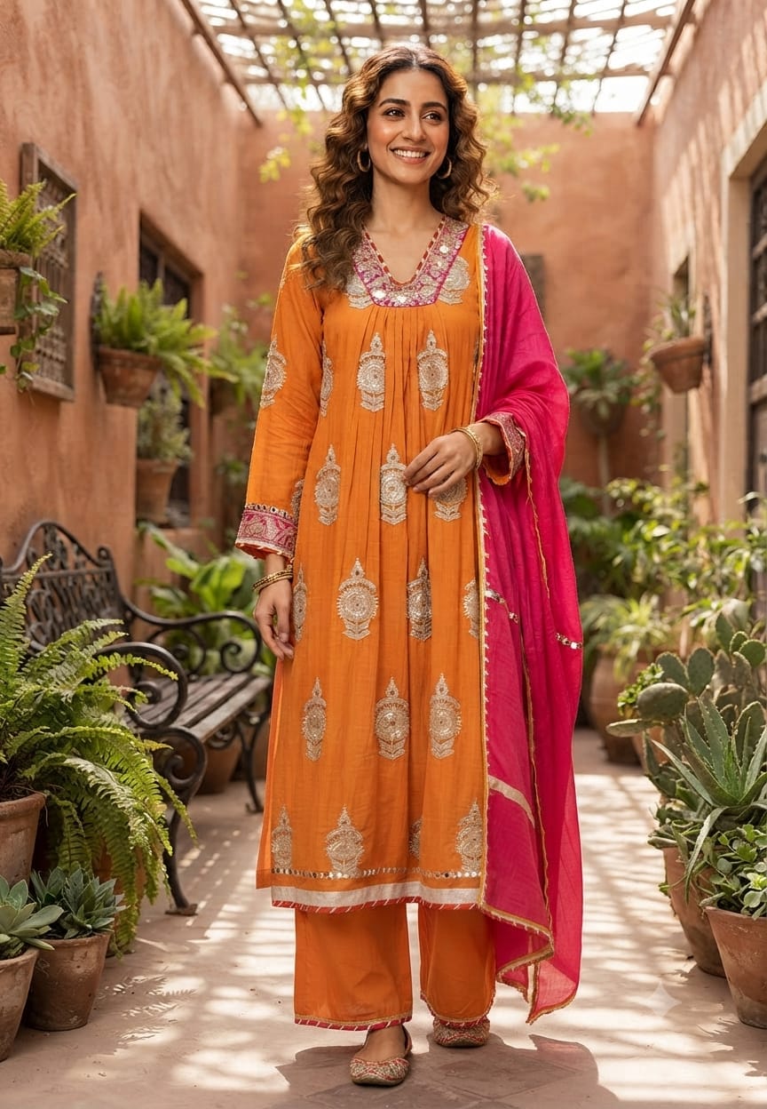 Heavy Zardosi Embroidered Real Mirror Work Over Daman & Sleeve A-Line Full Suit Set With Dupatta- 16072