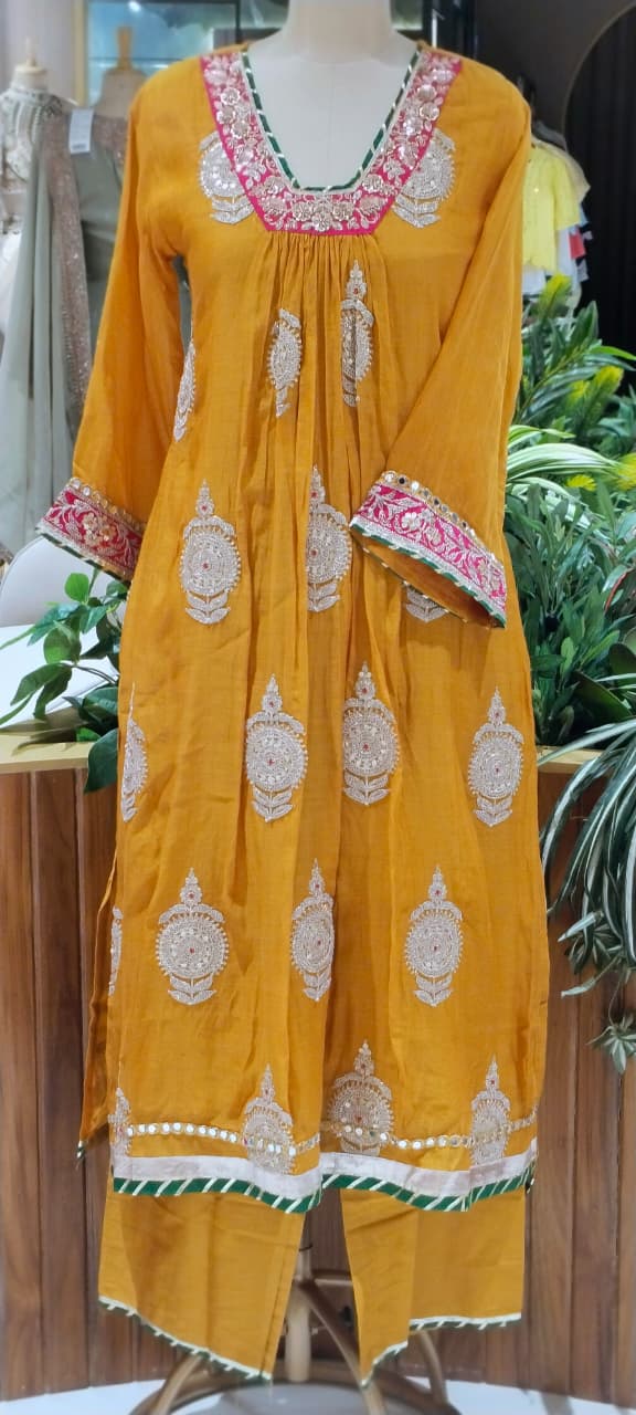 Heavy Zardosi Embroidered Real Mirror Work Over Daman & Sleeve A-Line Full Suit Set With Dupatta- 16072
