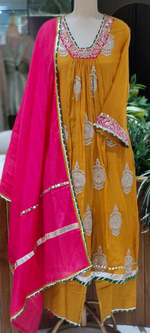 Heavy Zardosi Embroidered Real Mirror Work Over Daman & Sleeve A-Line Full Suit Set With Dupatta- 16072