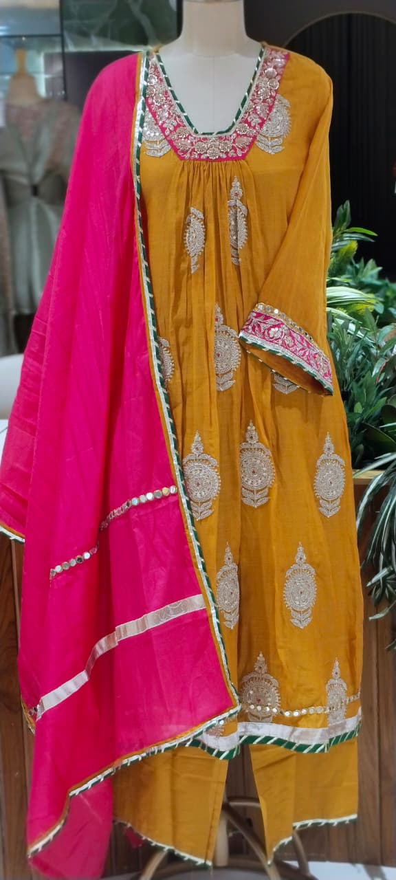 Heavy Zardosi Embroidered Real Mirror Work Over Daman & Sleeve A-Line Full Suit Set With Dupatta- 16072